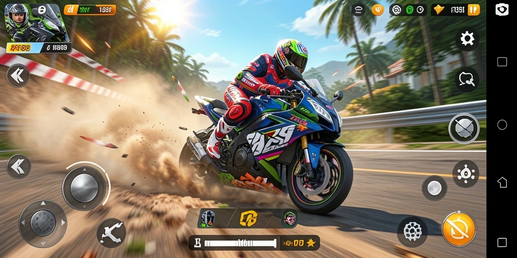 Screenshot FO8 menampilkan balapan motor yang mendebarkan.