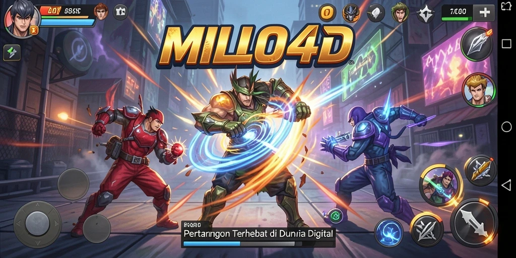 Screenshot utama MILO4D menampilkan pertarungan seru karakter-karakter yang berbeda.