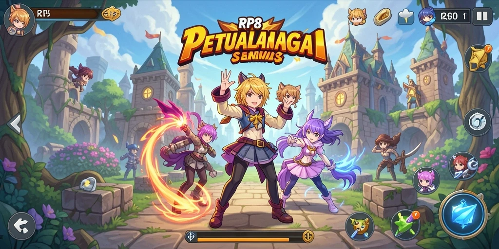 Tampilan gameplay seru dari RP8 dengan karakter anime menarik.